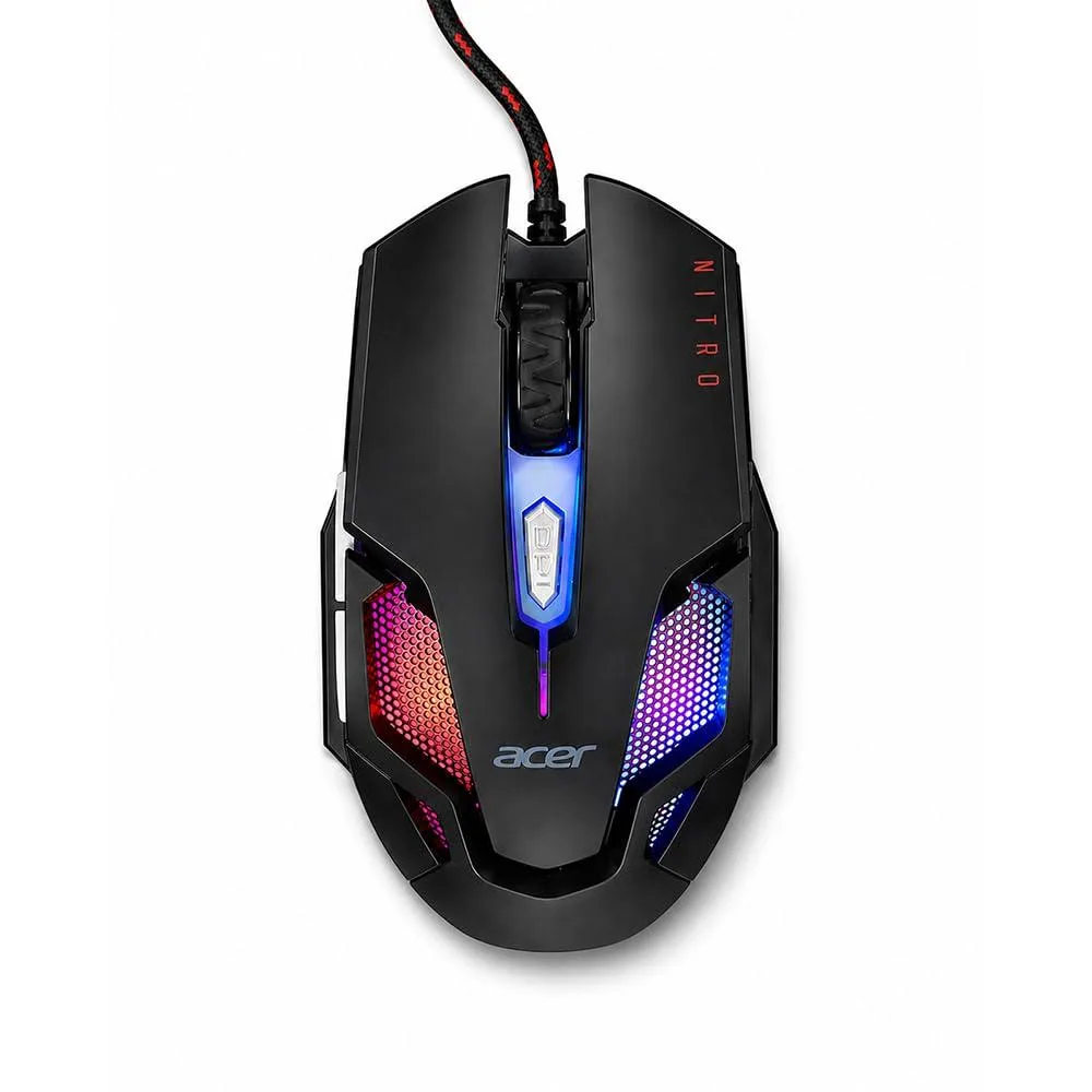 Black right-handed wired gaming mouse with RGB lighting and 16 buttons