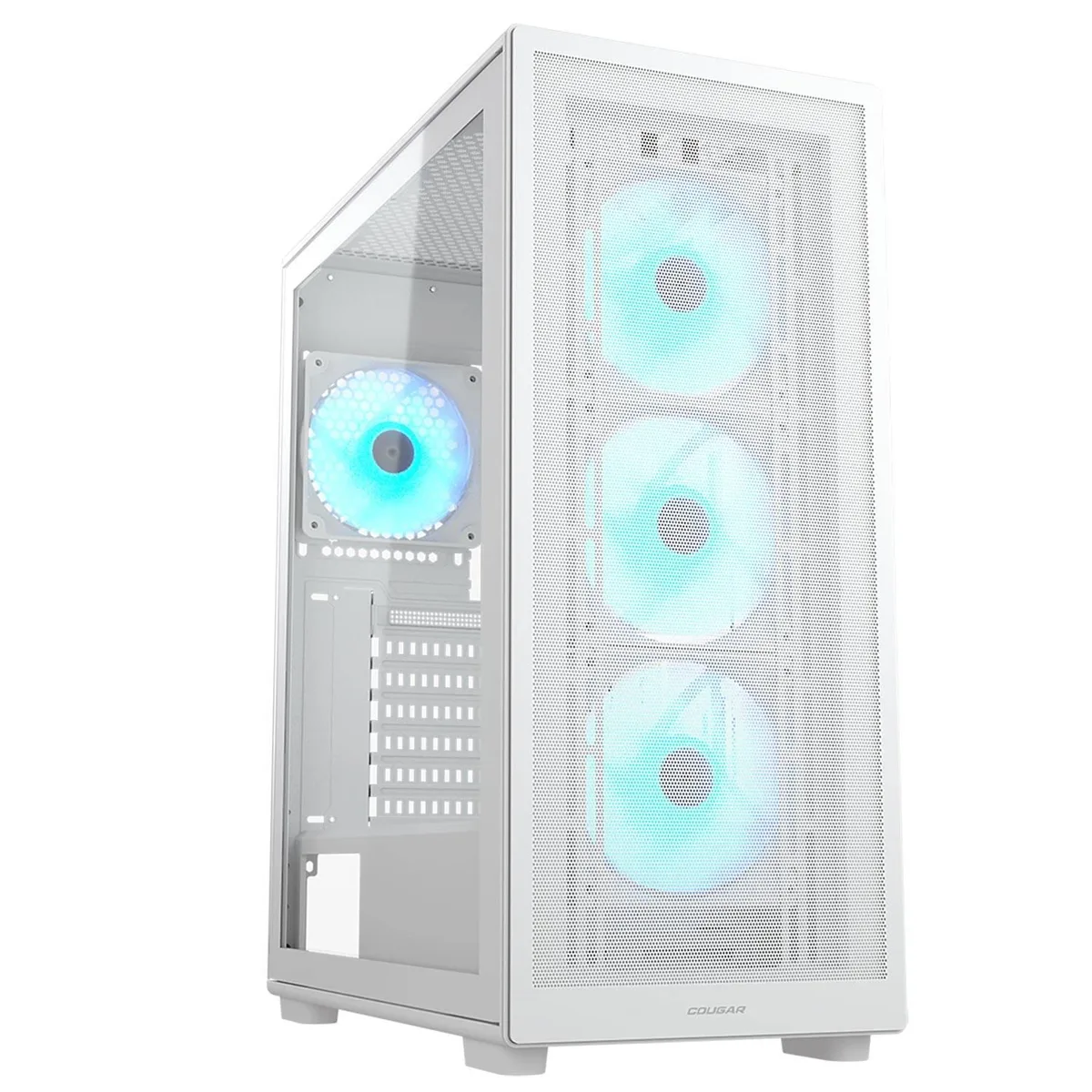 White mid-tower ATX case with mesh front panel and four ARGB fans
