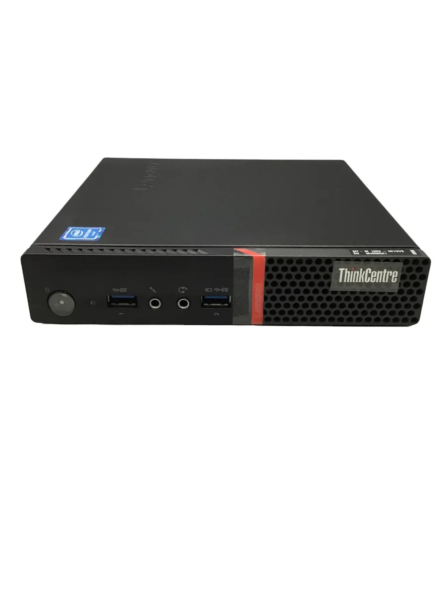 Small black Lenovo ThinkCentre M600 tiny desktop with wired keyboard and mouse