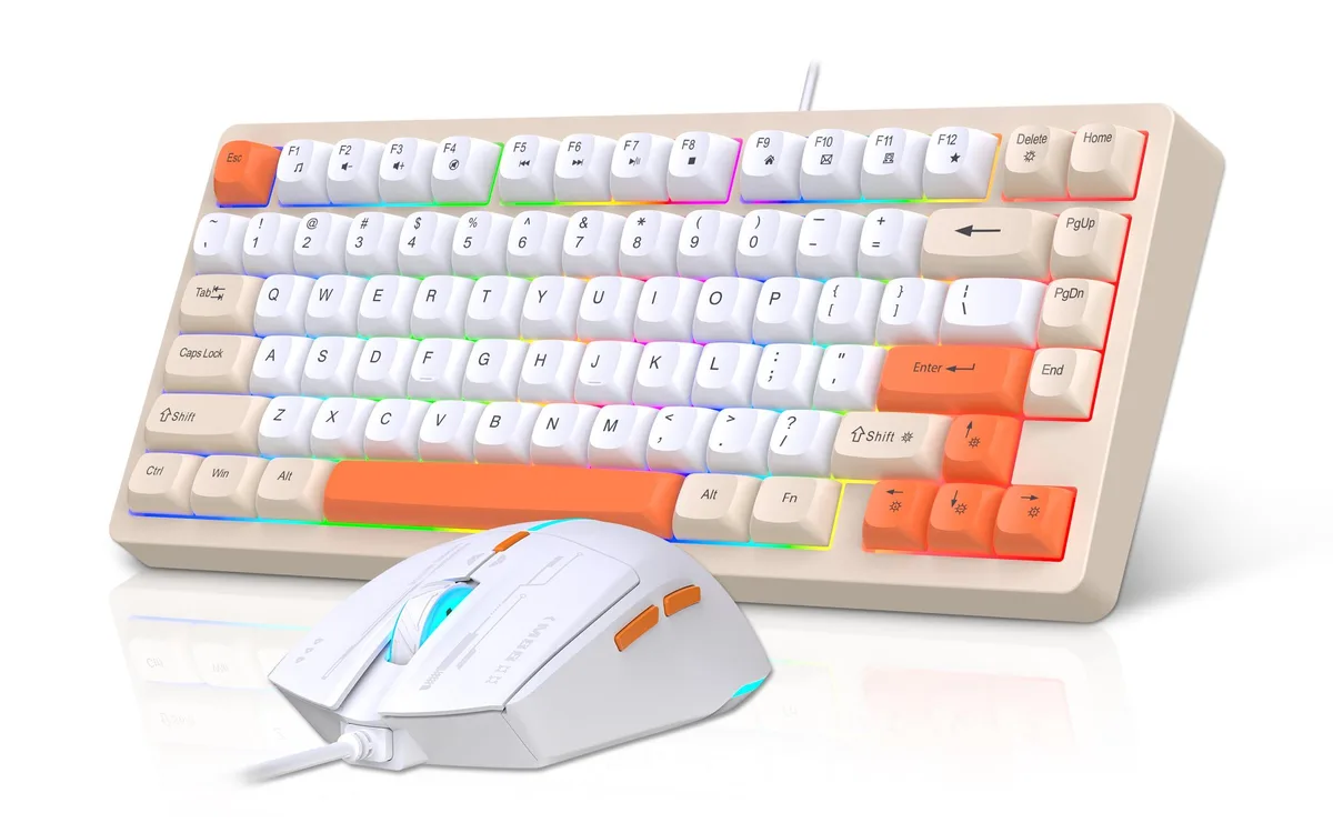 Yellow-orange-white compact 81-key mechanical keyboard with orange backlighting and USB-A cable