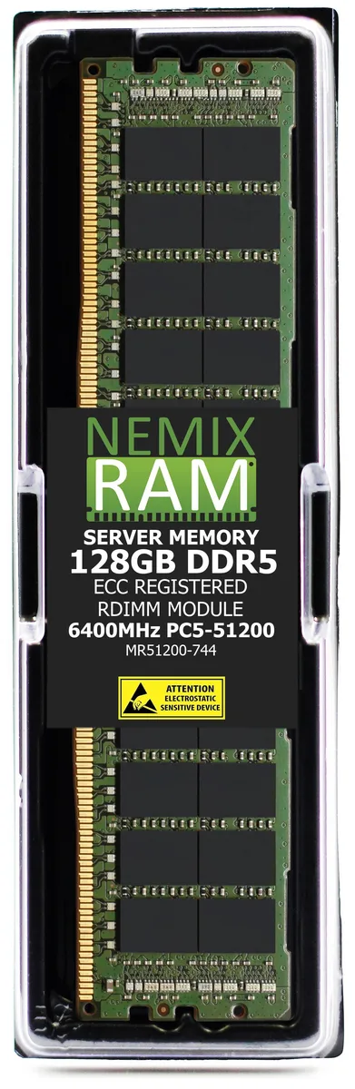 Green rectangular DDR5 RDIMM circuit board with gold contacts and black memory chips, no heat spreader