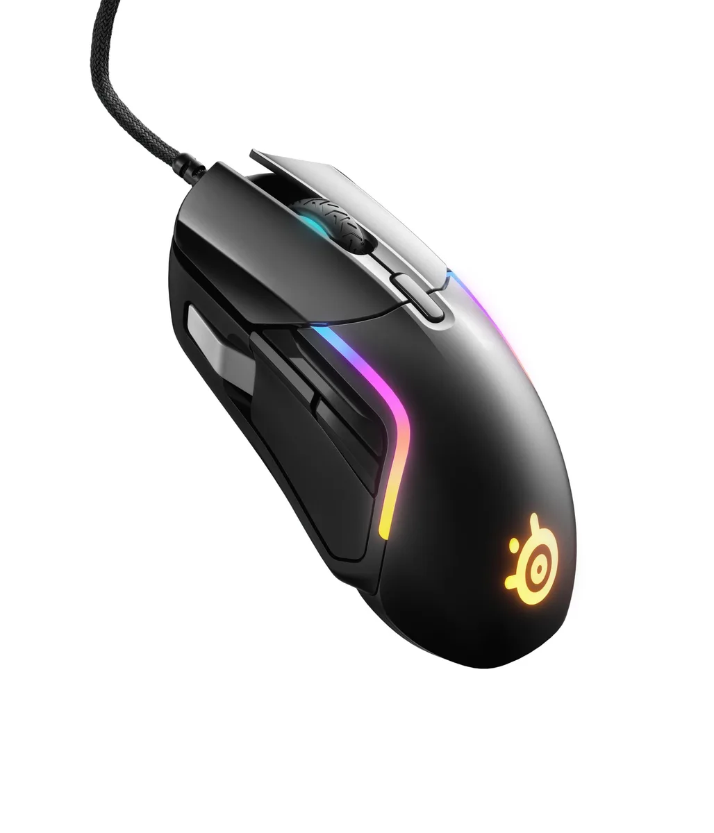 Black right-handed gaming mouse with textured sides, five side buttons, braided cable and RGB lighting zones