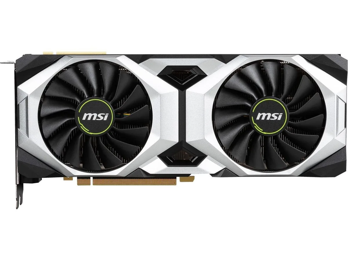 Silver dual-fan graphics card with exposed heat pipes and backplate