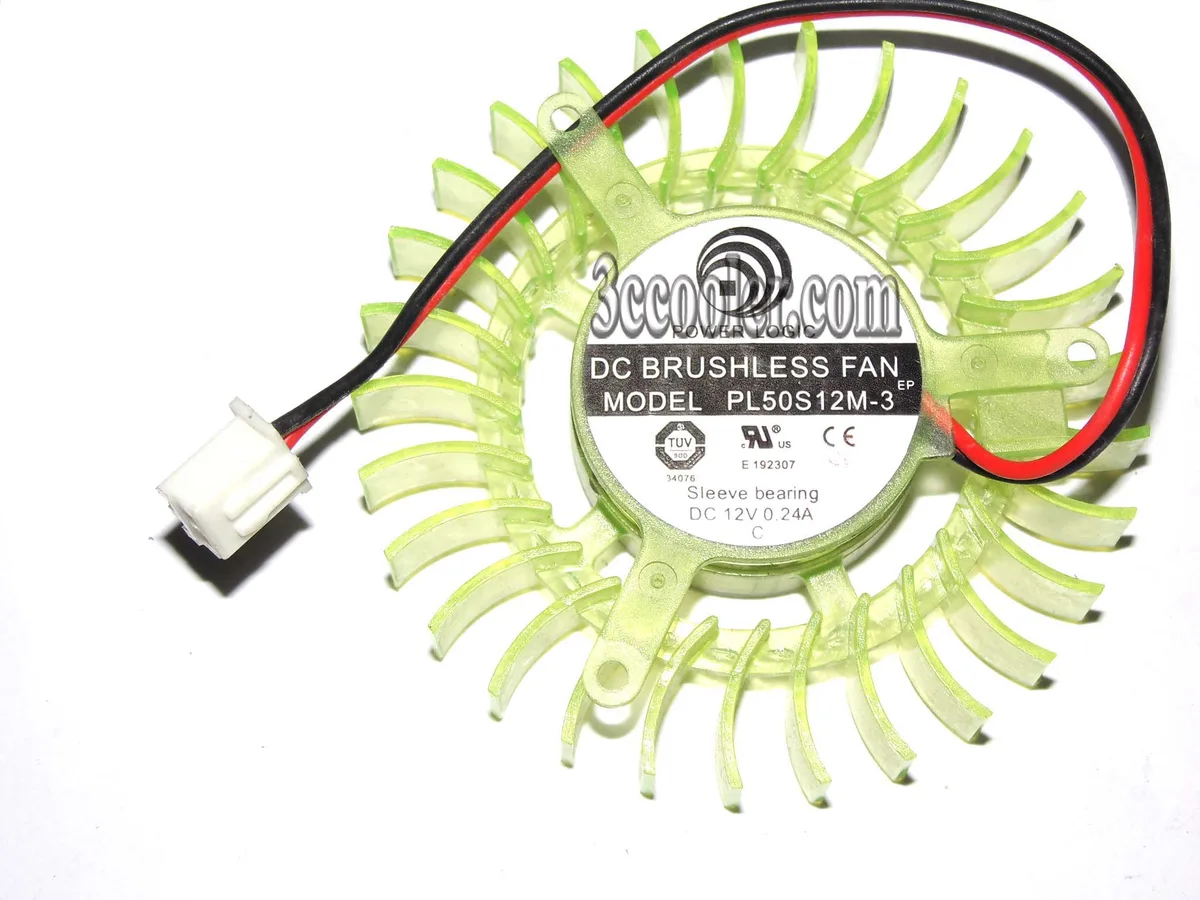 Small black and yellow frameless VGA fan with two wires and a two-pin connector