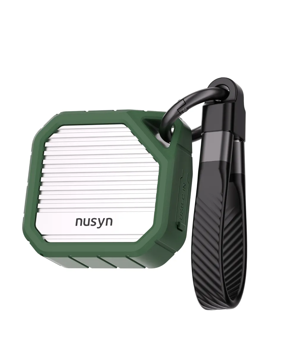 Green aluminium M.2 2230 NVMe enclosure with orange silicone sleeve and USB-C lanyard cable
