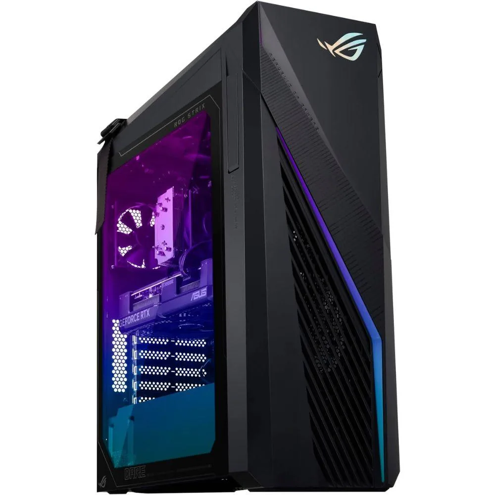 Gray tower desktop PC with angular front panel and ROG branding