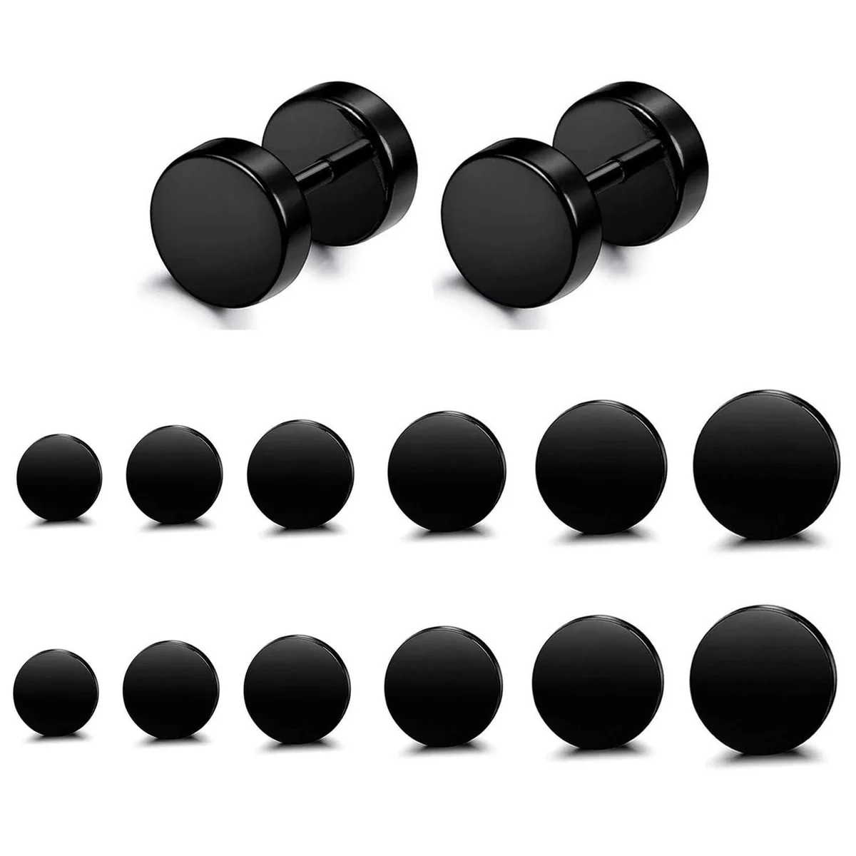  FIBO STEEL 6 Pairs Stainless Steel Black Stud Earrings 3-8mm — toote foto