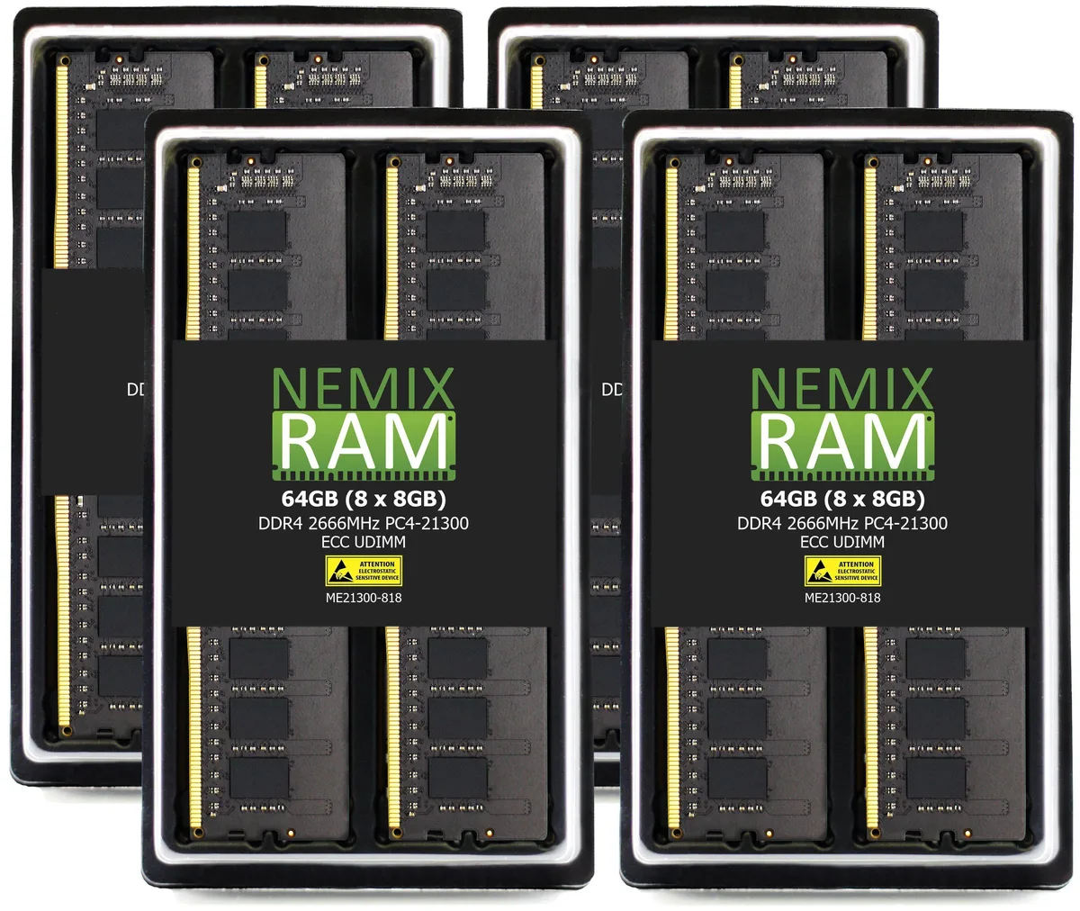 Eight green DDR4 UDIMM sticks with black chips, no heat spreaders