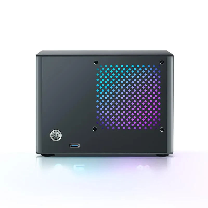 Compact grey mini PC, 5.6 litre cube, front ports visible