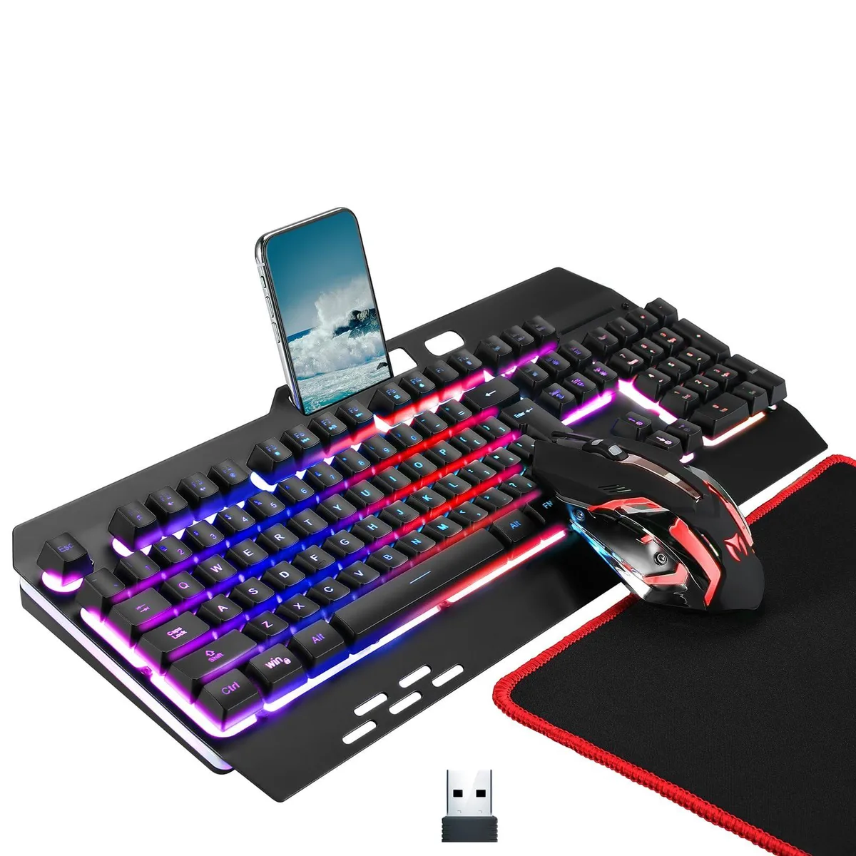 Black wireless RGB keyboard and mouse set with metal panel and palm rest