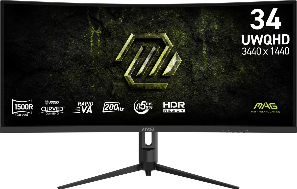 Black 34 inch curved ultrawide gaming monitor with thin three-sided bezel and adjustable stand