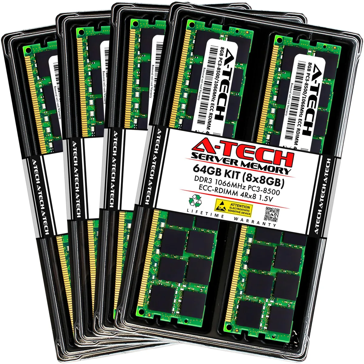 Eight green DDR3 server DIMMs, 240-pin, silver heat spreaders