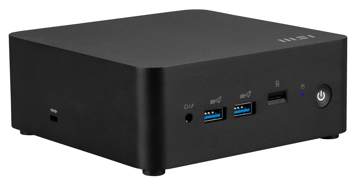Black rectangular mini PC barebone unit with front USB ports
