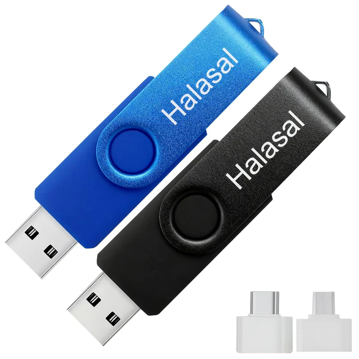 Halasal Halasal 64GB USB 3.0 Flash Drive 2-Pack Black Blue with Type-C Micro USB Adapters — 商品照片