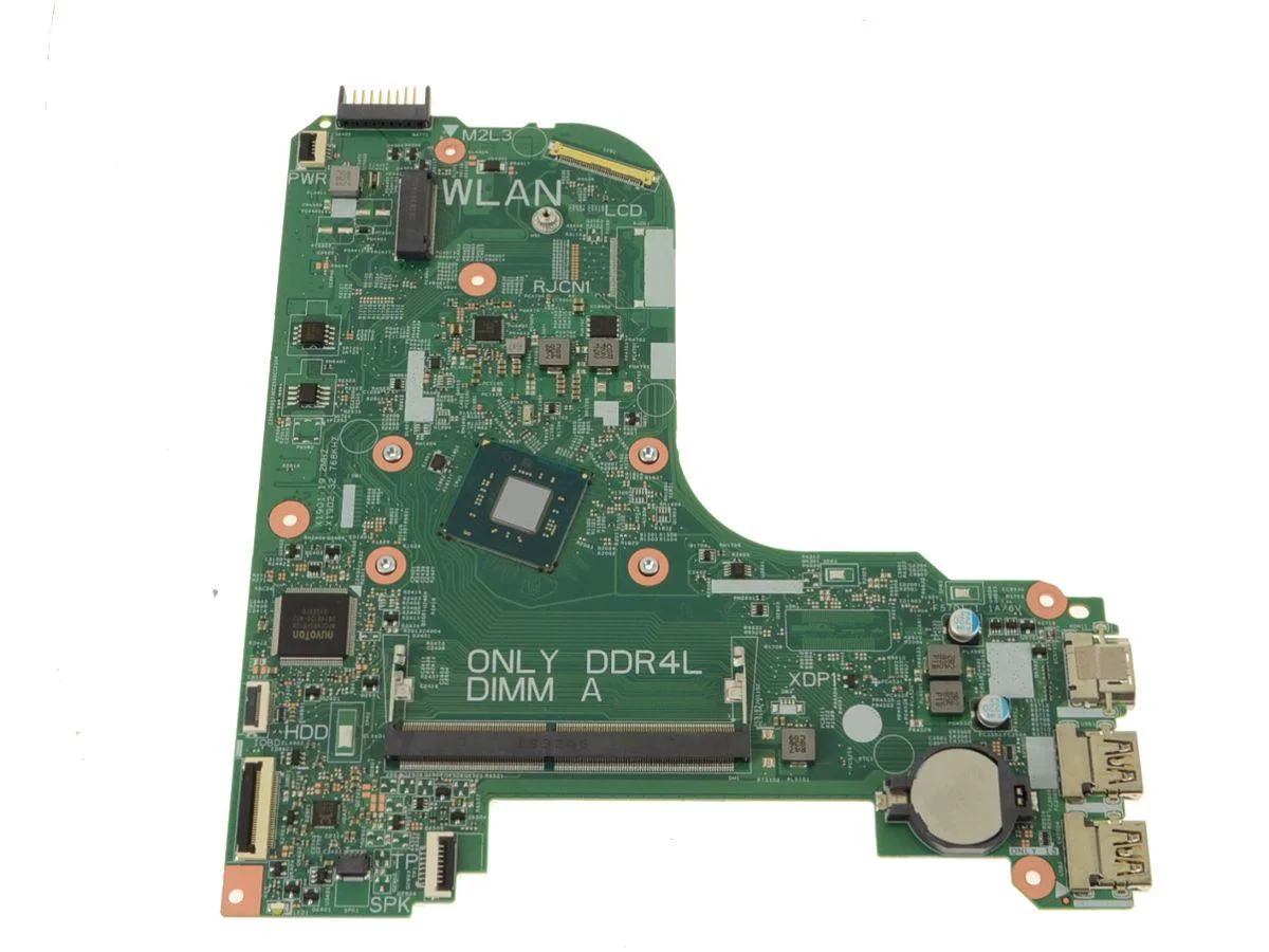 Green rectangular laptop motherboard with silver CPU socket and black components