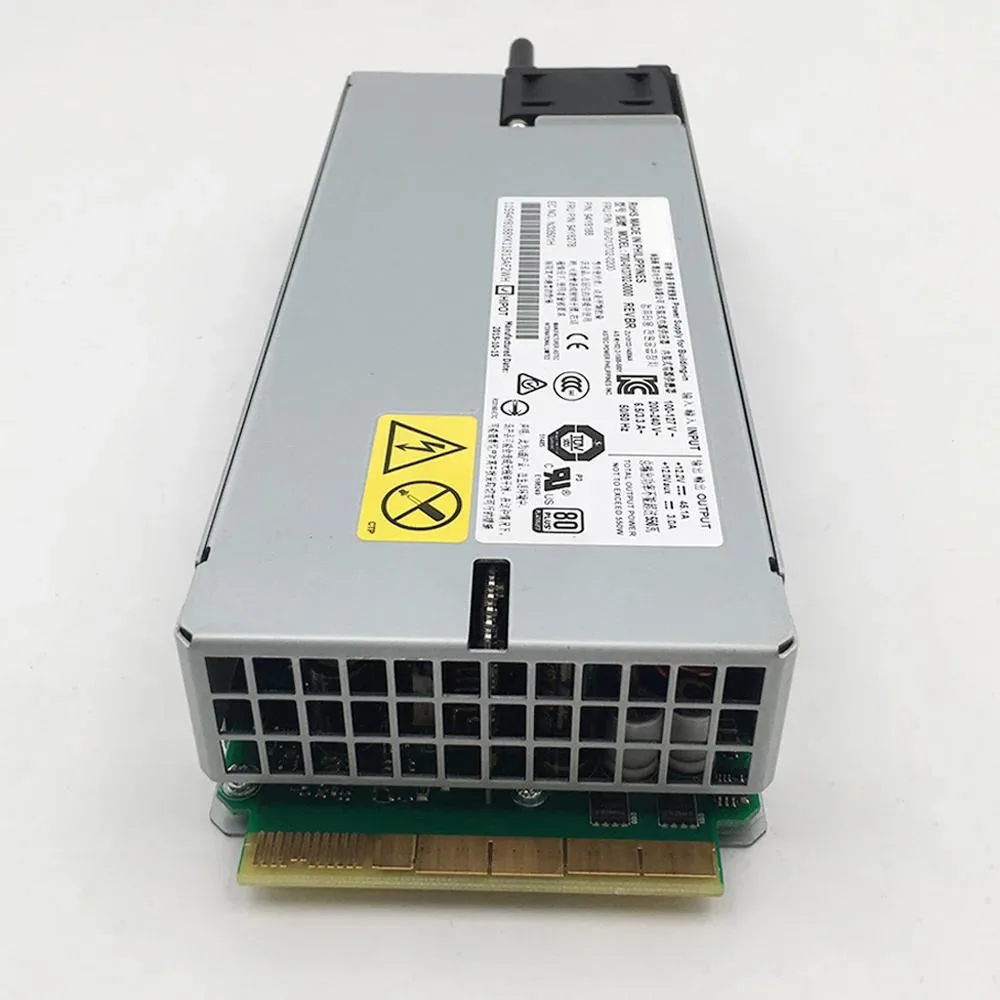 Silver rectangular server power supply unit with rear ventilation grille and power socket