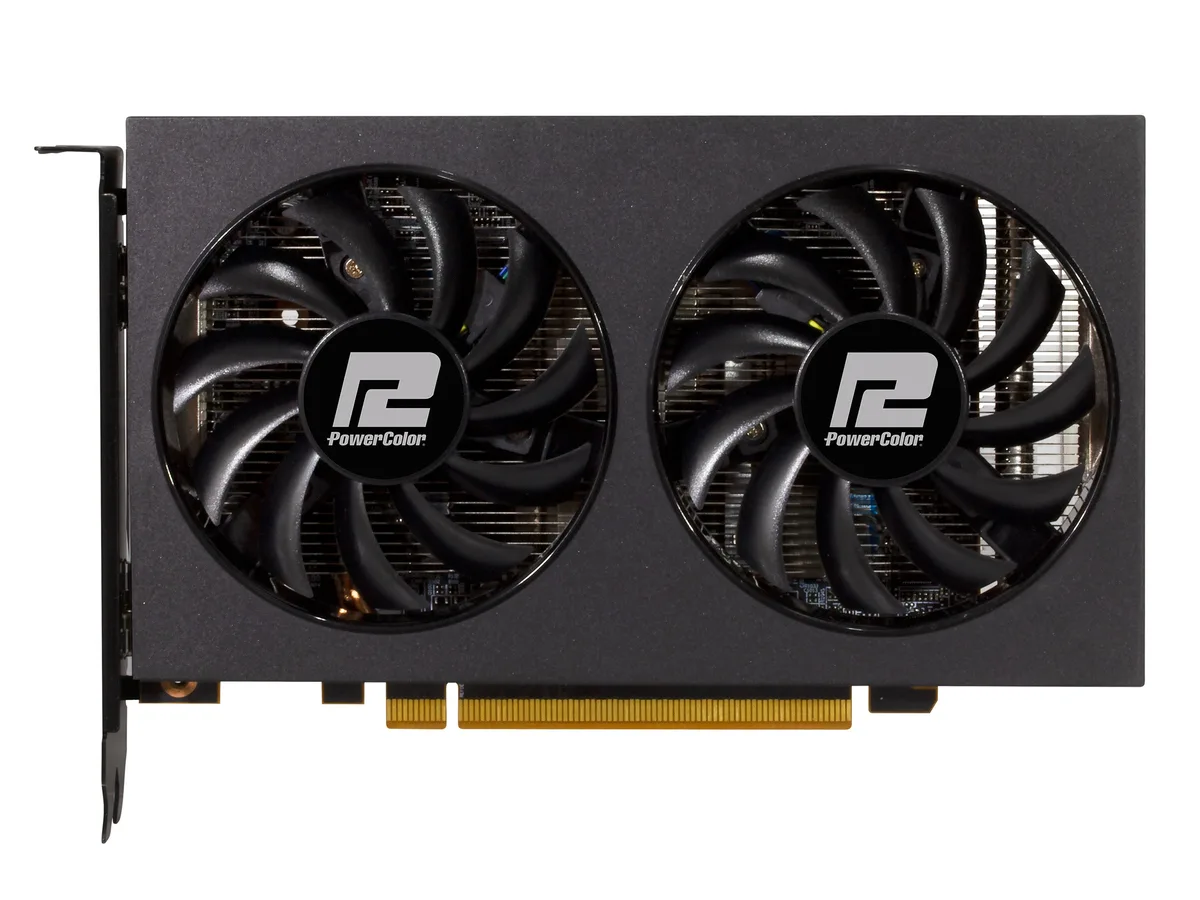 Black dual-fan graphics card, ATX form factor, two-slot width
