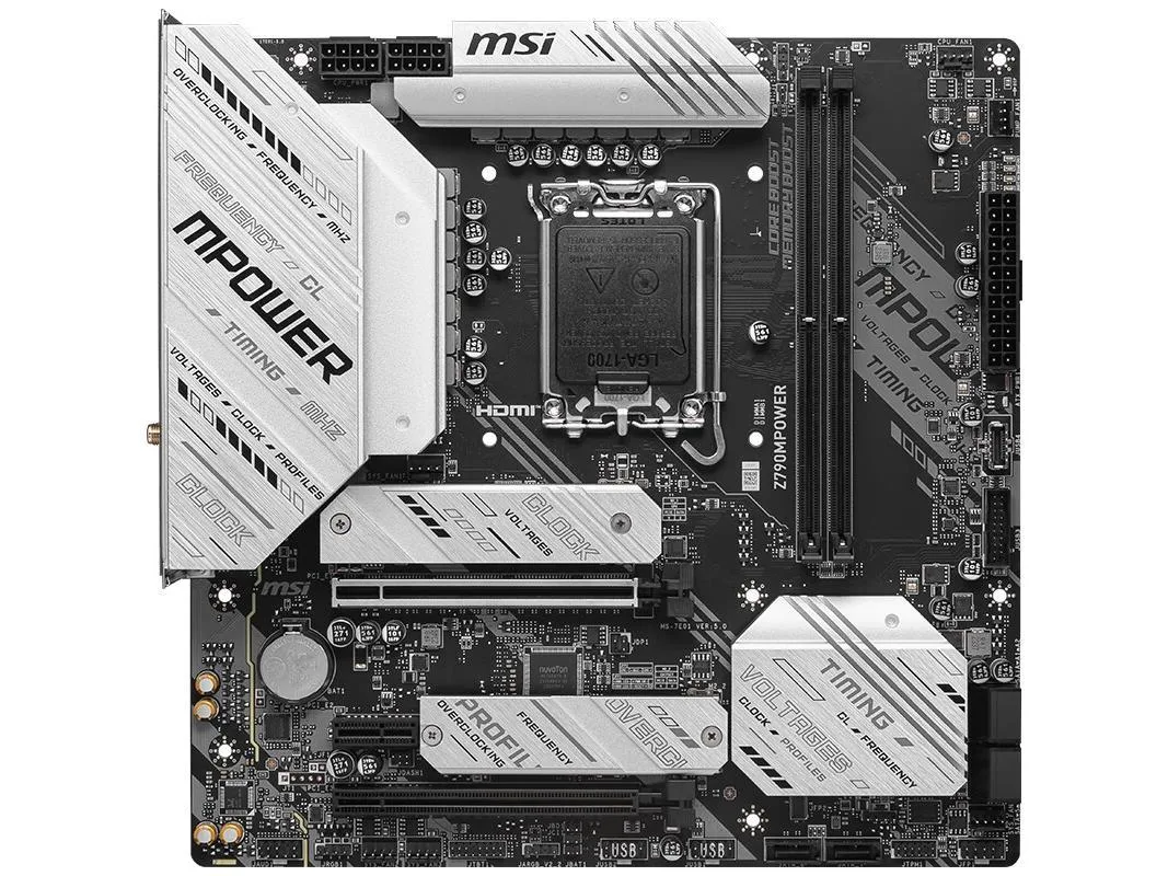 Dark green Micro ATX motherboard with silver heatsinks and black PCB