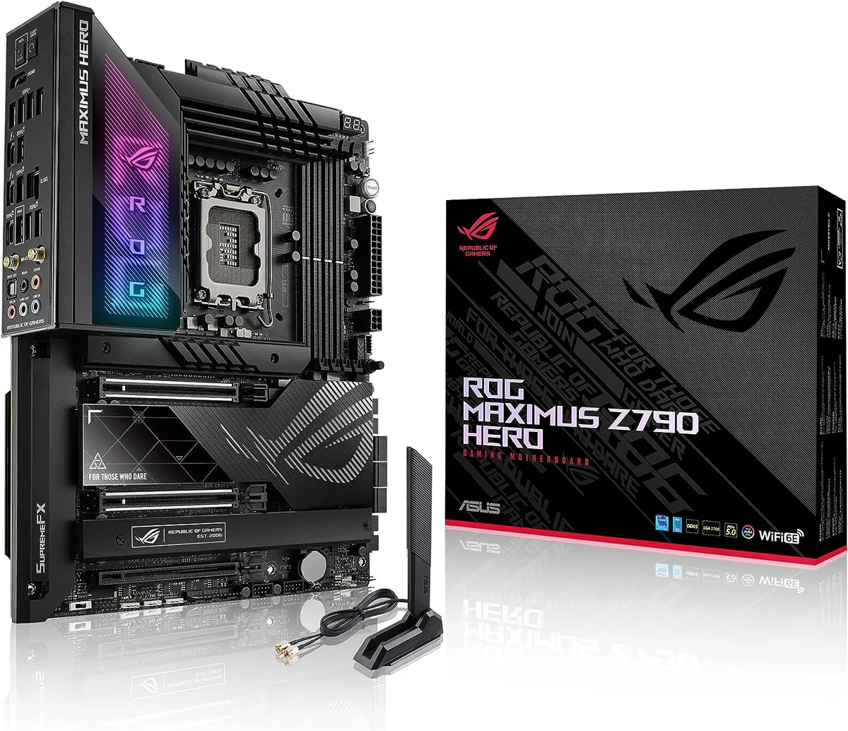 Black ATX motherboard with silver heatsinks, integrated I/O cover, and RGB lighting accents