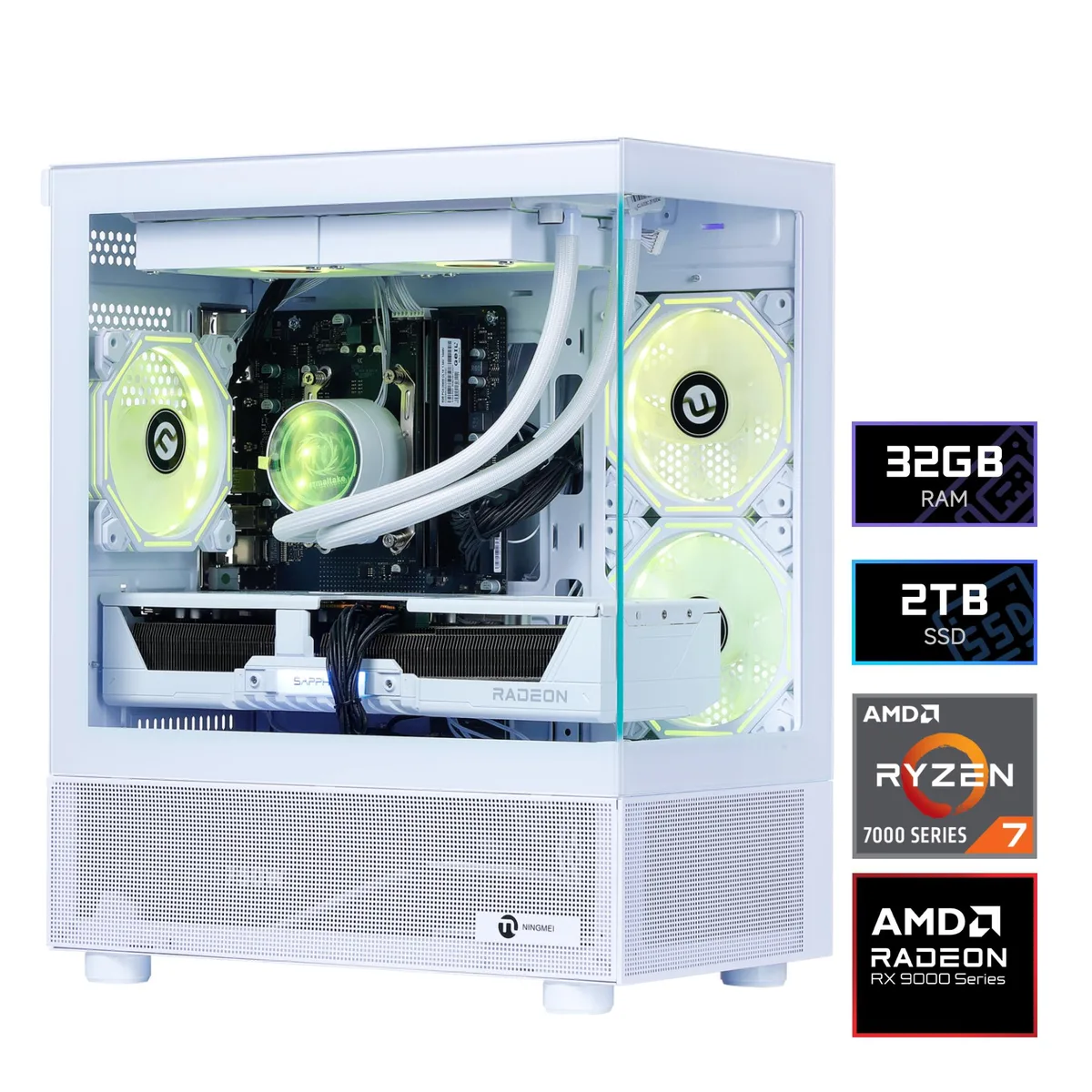 White mid-tower gaming desktop with ARGB liquid cooling visible through side panel