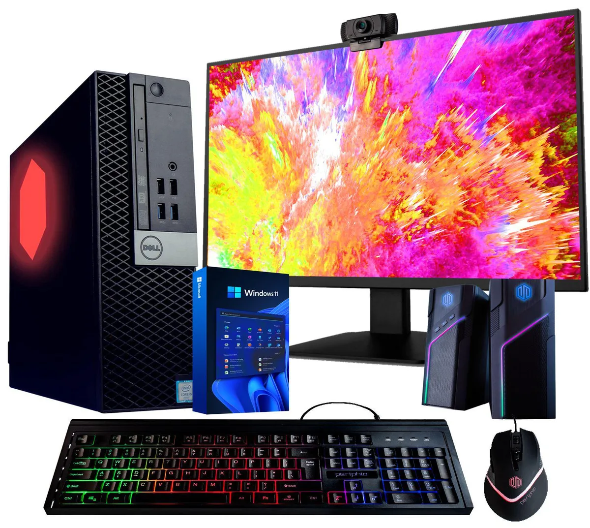 Black Dell OptiPlex 5060 tower with RGB side panel, 22 inch monitor, RGB keyboard, mouse, speakers and webcam