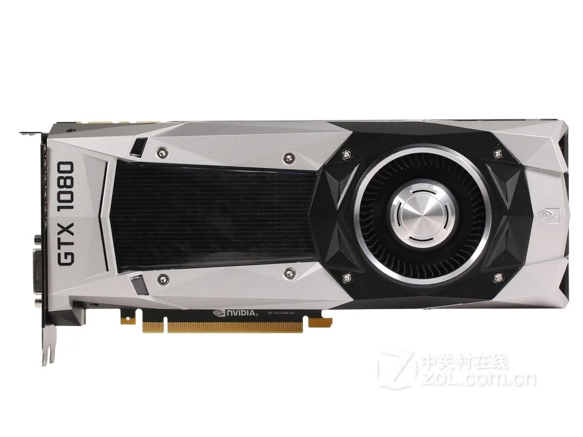 Silver dual-slot graphics card with angular shroud and single radial fan