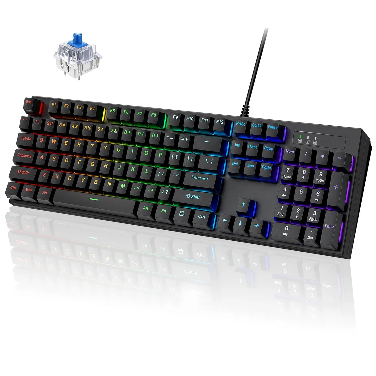 Black full-size mechanical keyboard with RGB backlighting and blue clicky switches