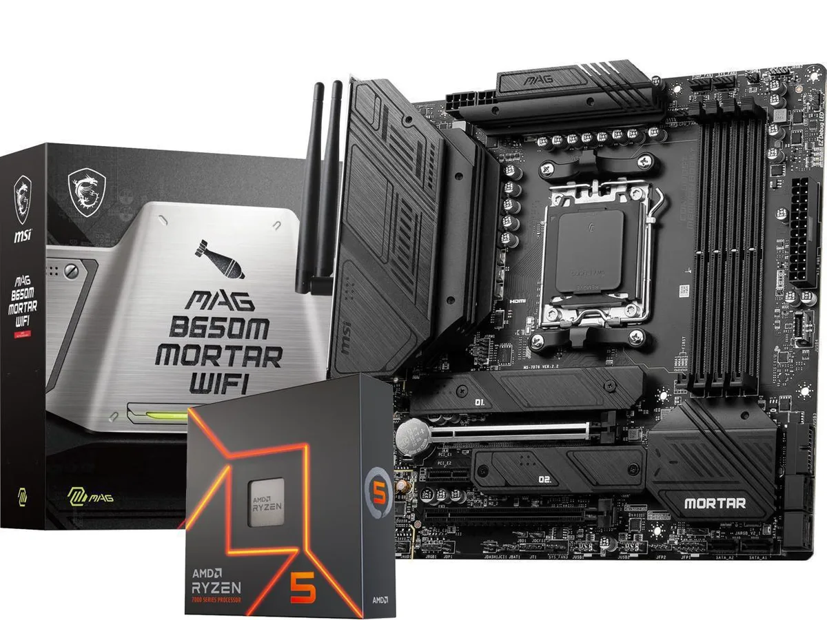 Micro-ATX motherboard with heatshields, bundled Ryzen 5 7600X CPU in clamshell