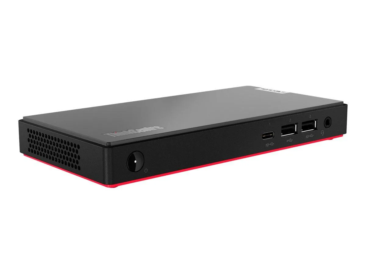 Small black rectangular desktop computer, compact form factor, matte finish