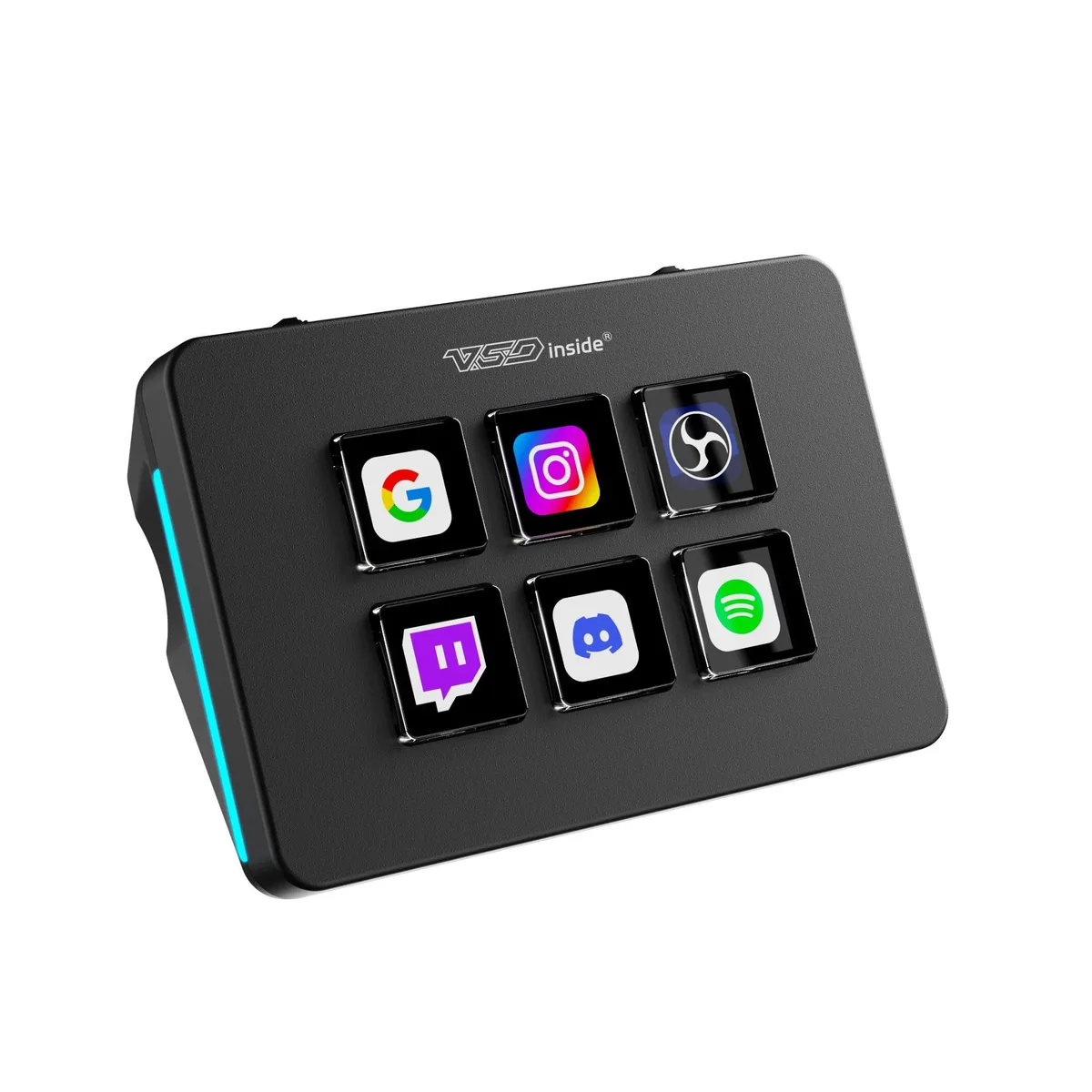 Compact black macro pad with six LCD keys and side RGB light bars