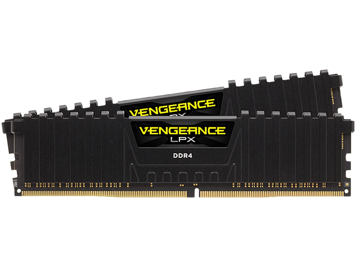 Two black low-profile DDR4 modules with anodized aluminum heat spreaders