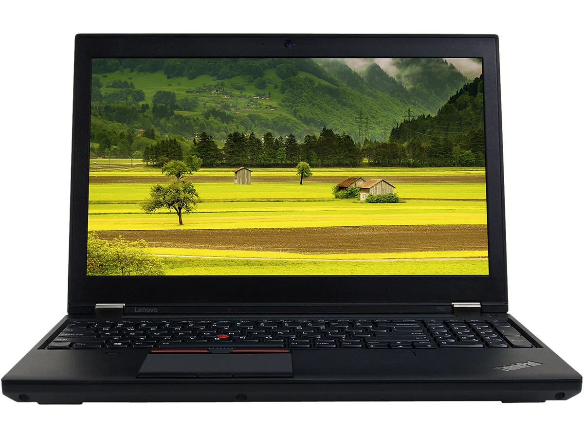 Refurbished black ThinkPad P50 mobile workstation with 15.6 inch FHD screen, visible wear and scuffs on chassis and keyboard