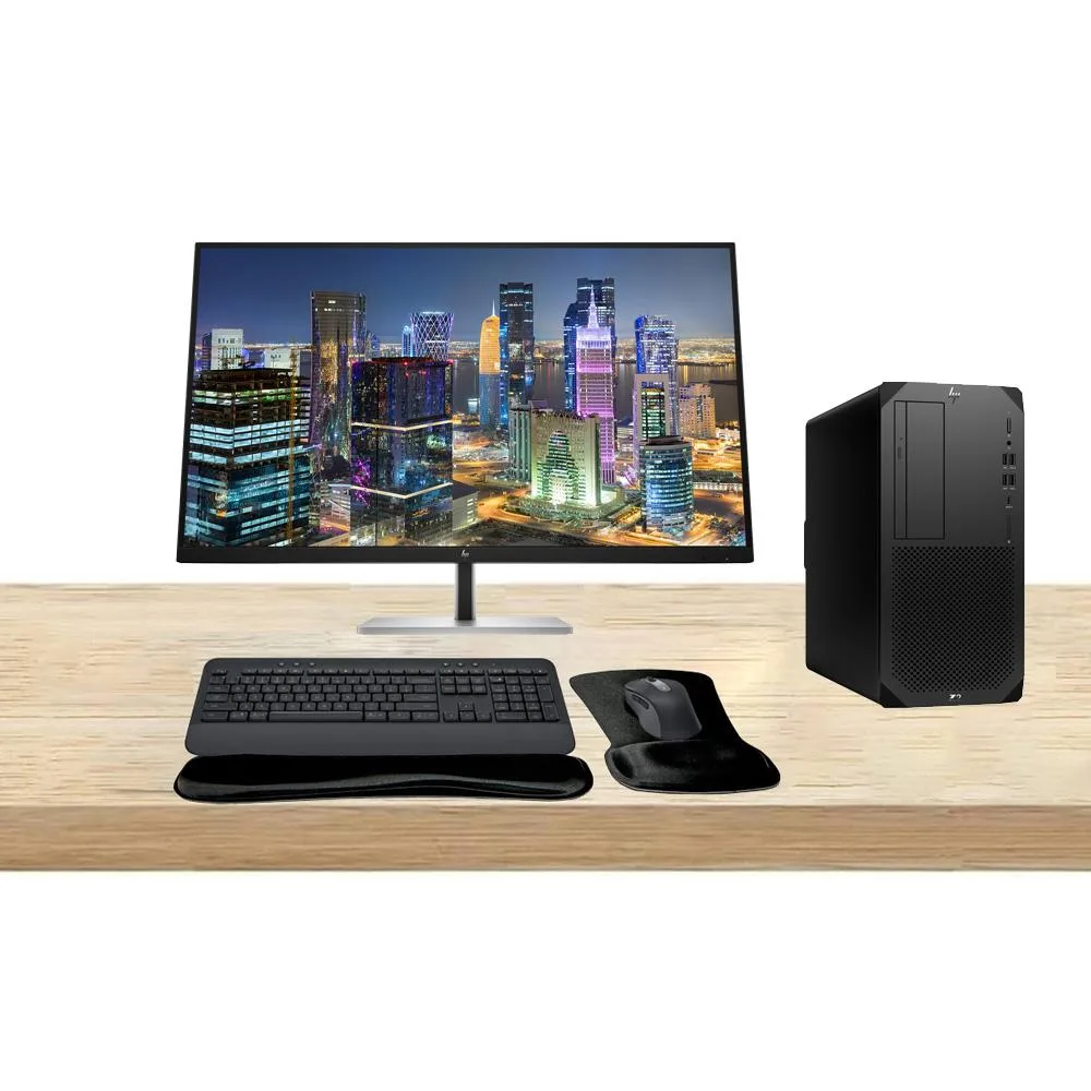 HP Z2 G9 tower workstation with dual 32-inch 4K monitors, wireless keyboard and mouse