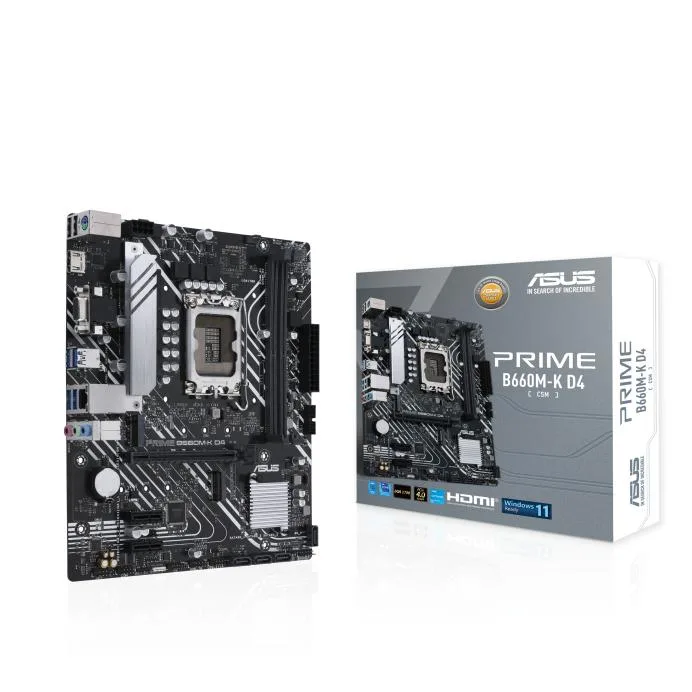 ASUS PRIME B660M-K D4-CSM mATX motherboard, black PCB with silver heatsinks