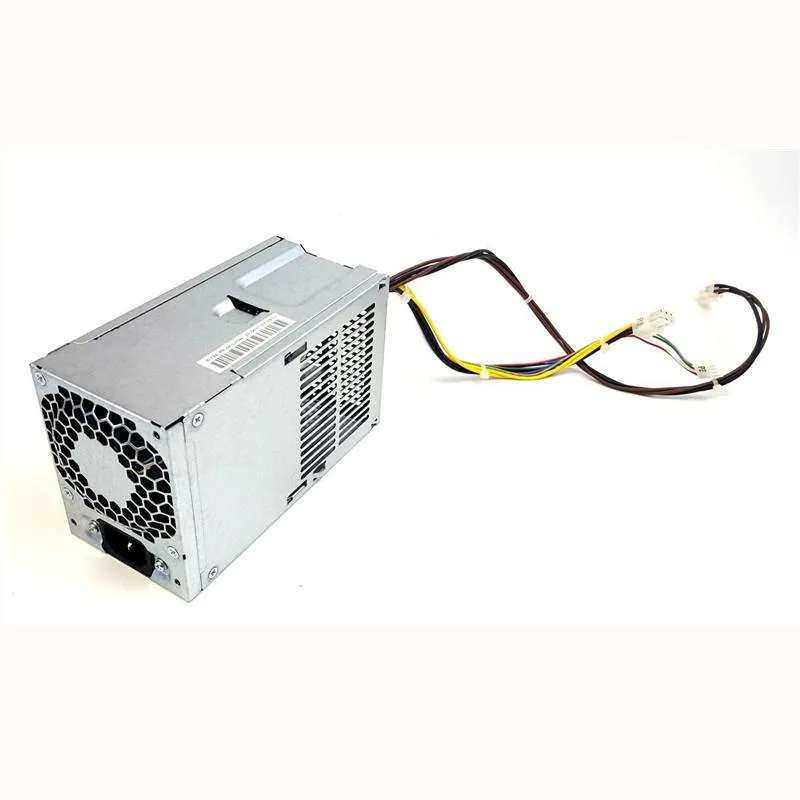 Compact black metal ATX power supply unit with ventilation grille and cable bundle