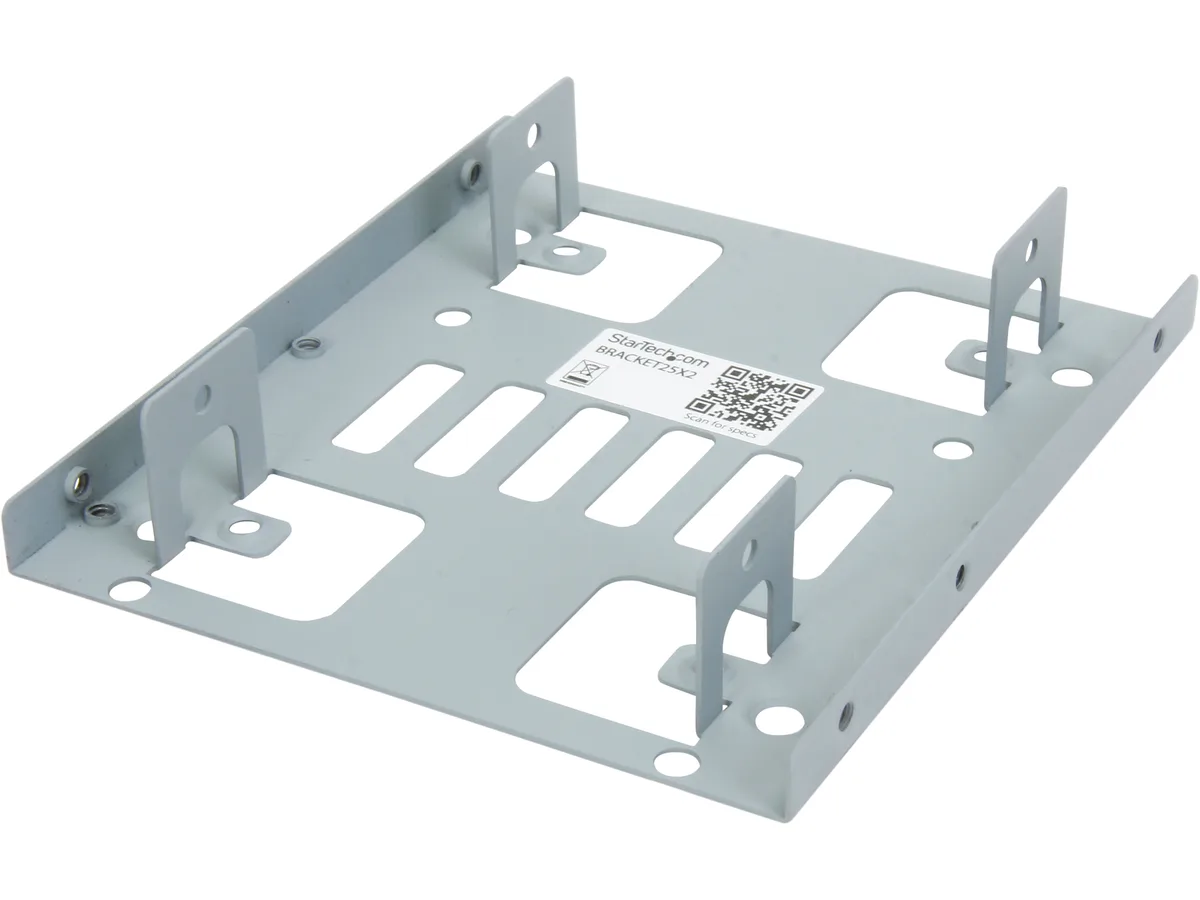 Black steel bracket holding two 2.5 inch drives in a 3.5 inch bay with SATA cables
