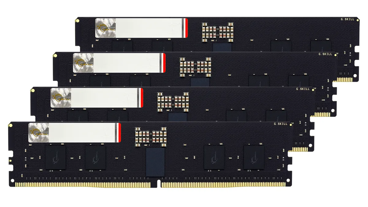 Four bare green DDR5 RDIMM modules, no heat spreaders