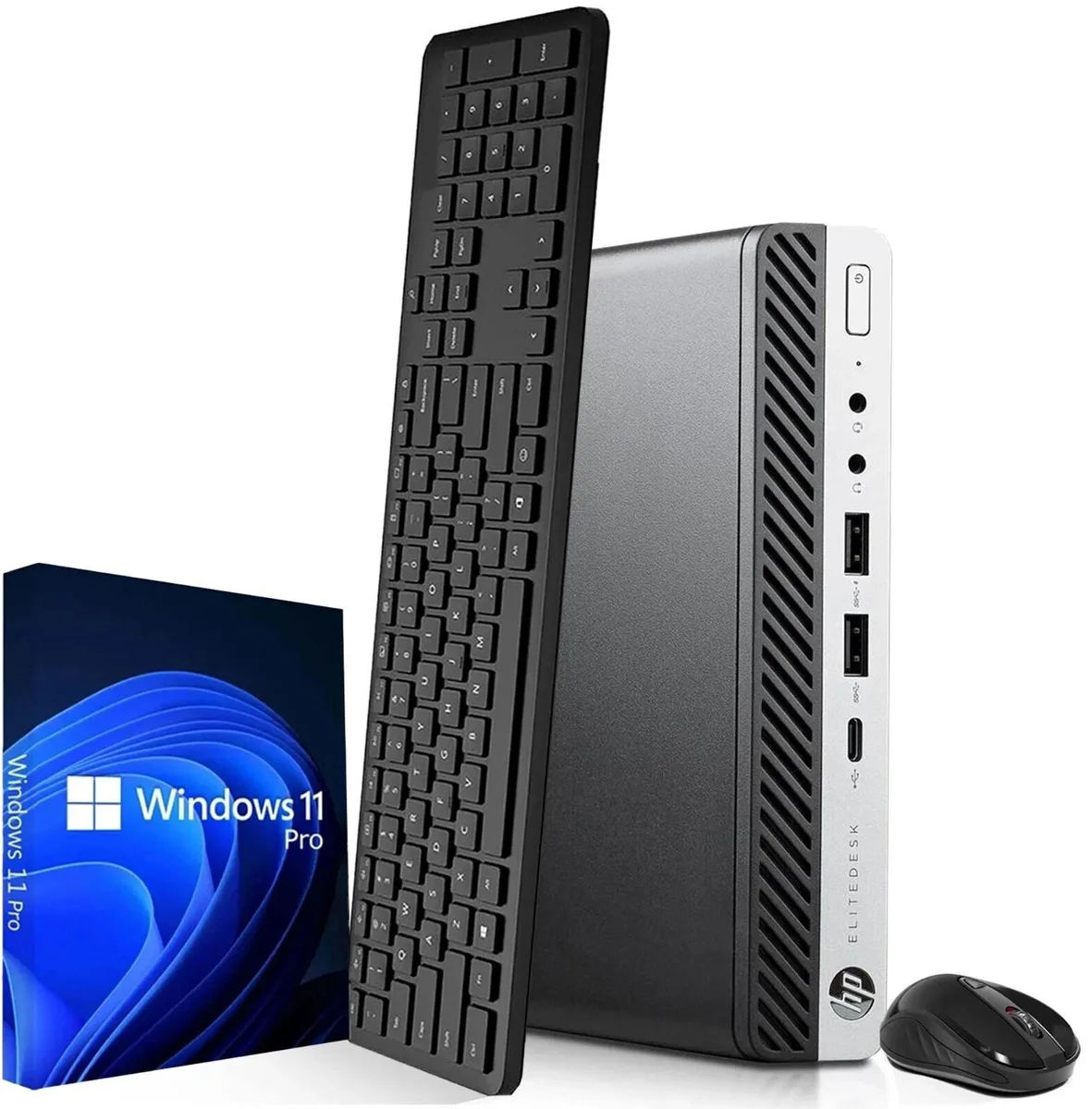 Compact black mini desktop PC with wired keyboard and mouse