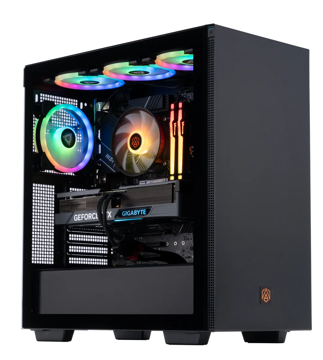 Mid-tower gaming desktop with RGB lighting visible through side panel