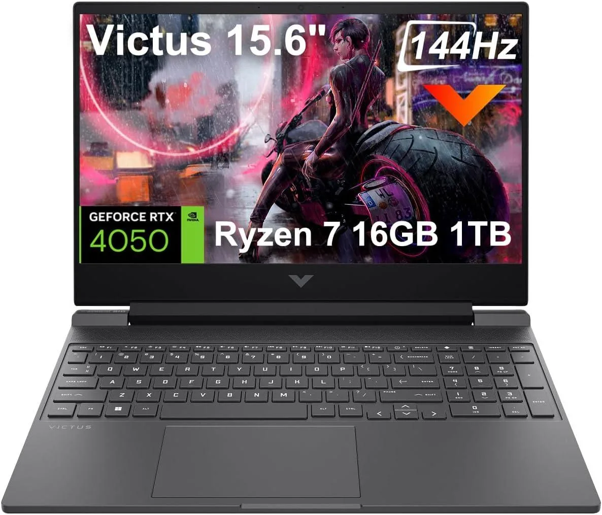 Black 15.6 inch gaming laptop, matte finish, backlit keyboard with numeric keypad