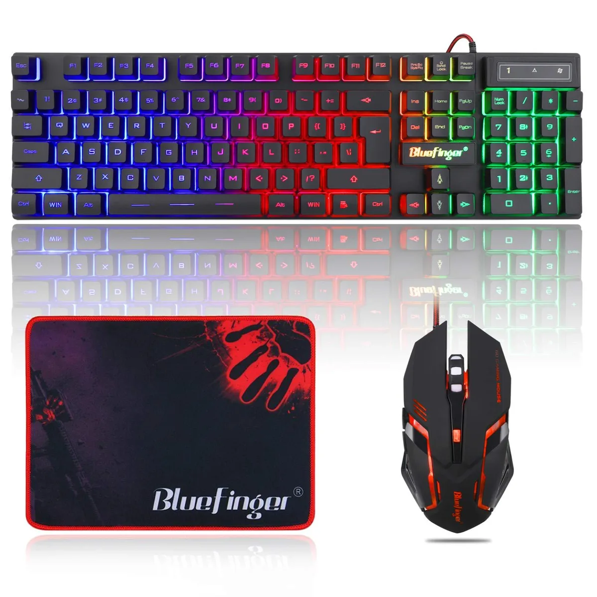 Black wired gaming keyboard and mouse combo with RGB backlighting and braided cables