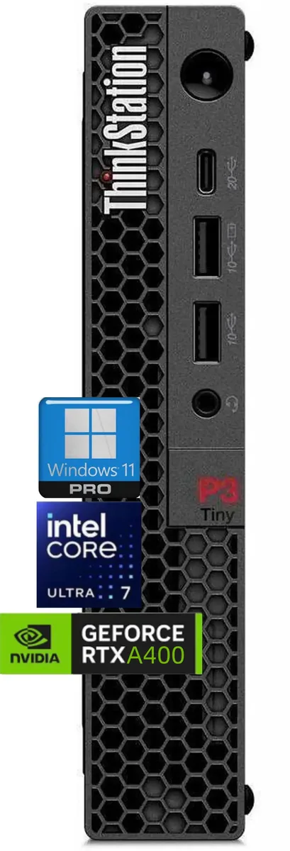 Ultra-compact black desktop workstation, tiny square chassis, matte finish