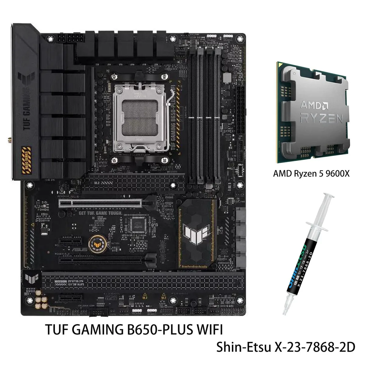 ATX motherboard with large silver heatsinks, AM5 socket, and a Ryzen 5 9600X CPU in its tray