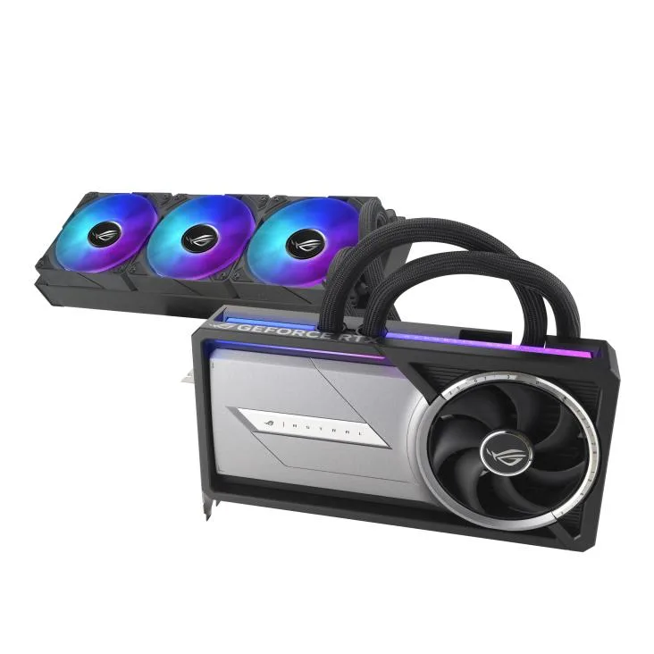 ASUS ROG Astral LC GeForce RTX 5090 liquid-cooled graphics card with silver metal shroud and integrated radiator