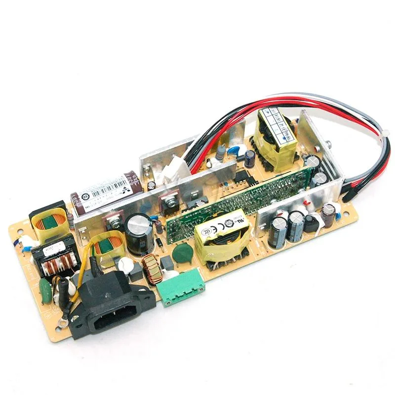 Rectangular metal ATX power supply unit with vented sides and rear power socket
