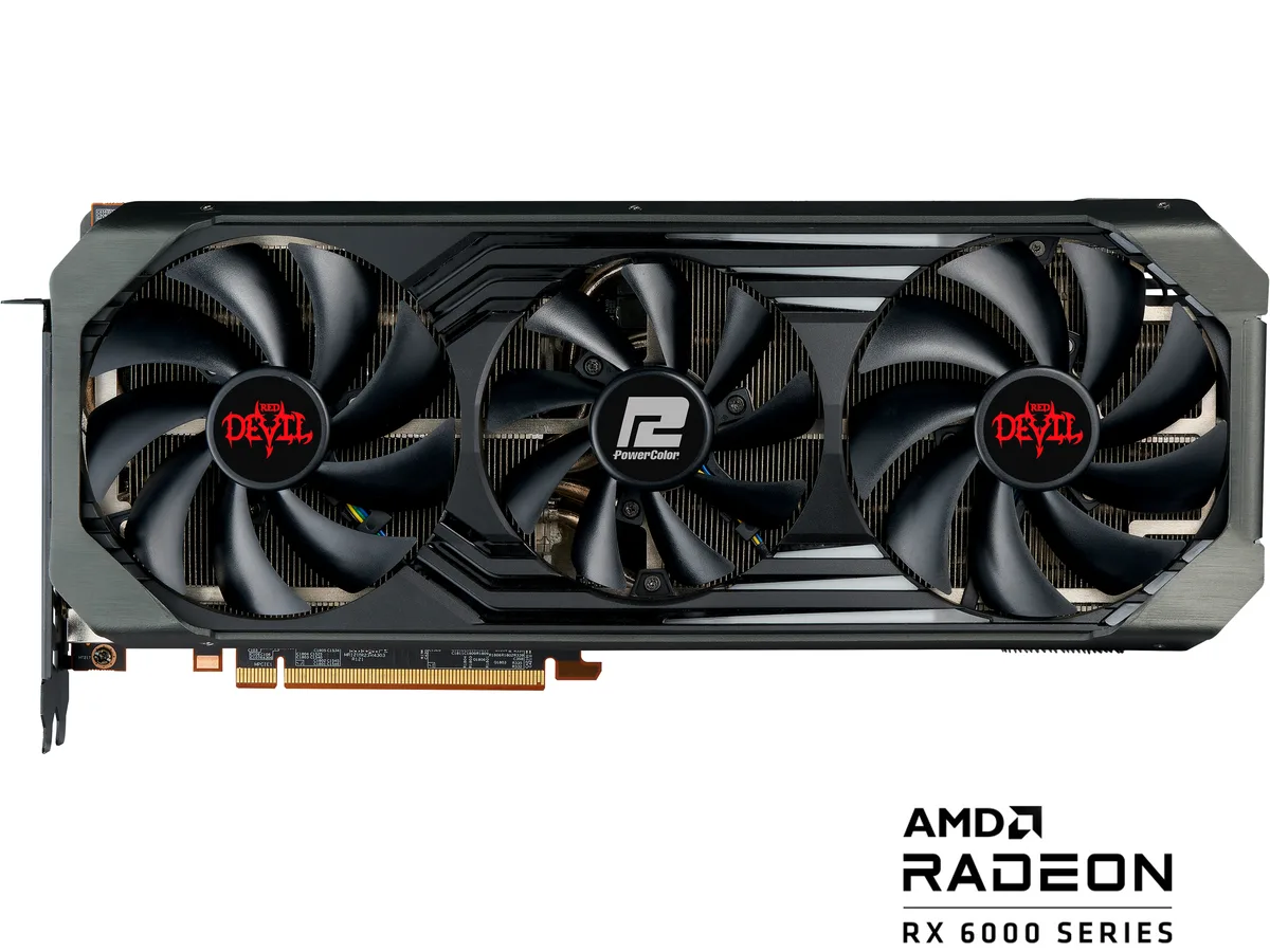 PowerColor Red Devil RX 6900 XT triple-fan graphics card in black and silver finish