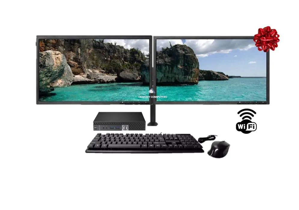 Compact black mini desktop, two 21-inch monitors on articulated desk mount, keyboard and mouse