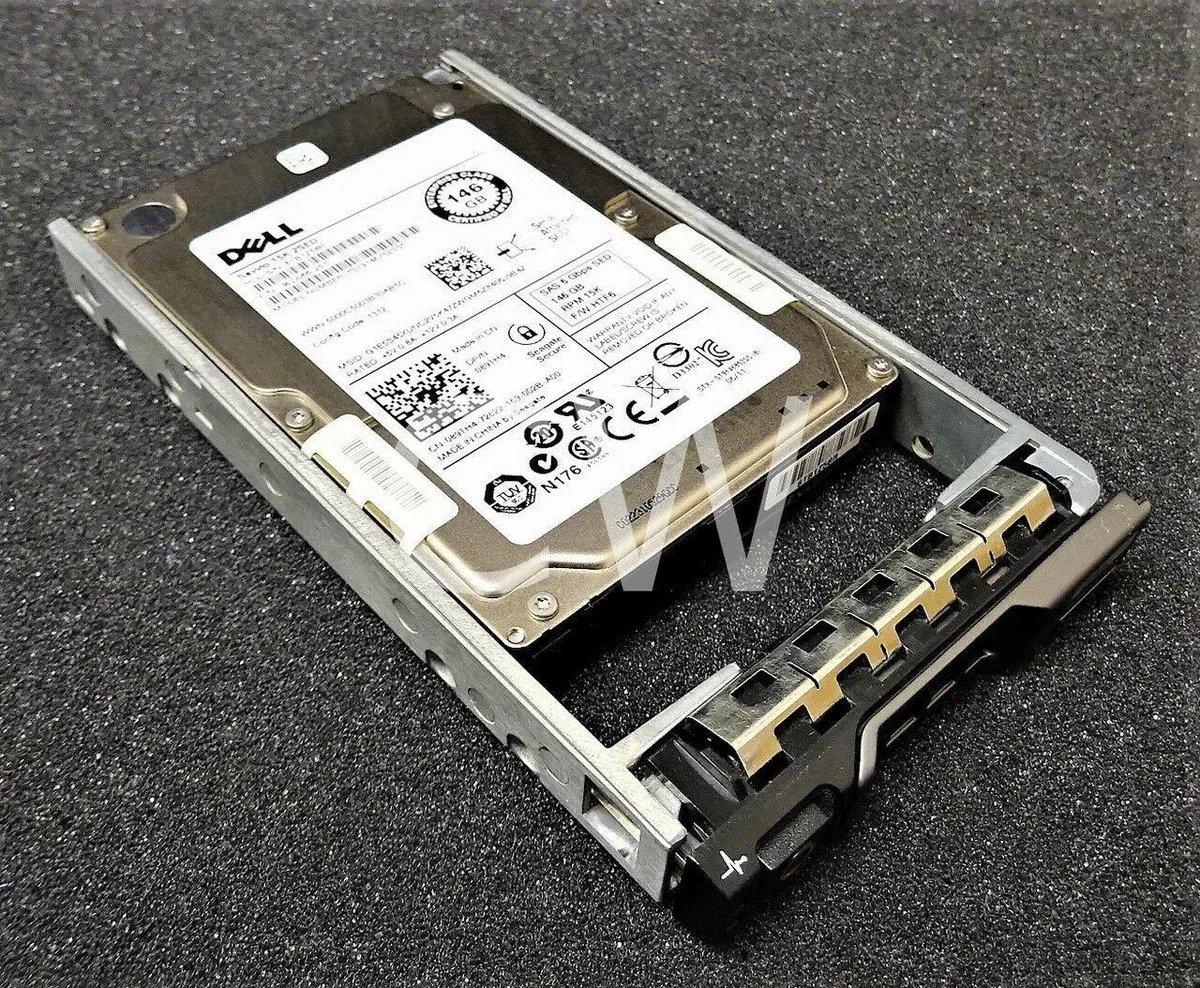 2.5 inch SAS hard drive with silver metal casing and mounted caddy tray