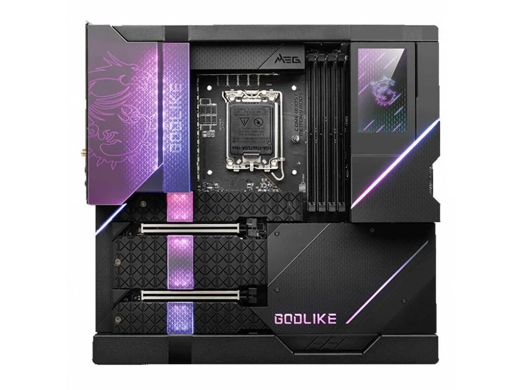 Large black ATX motherboard with silver heatsinks and gold accents