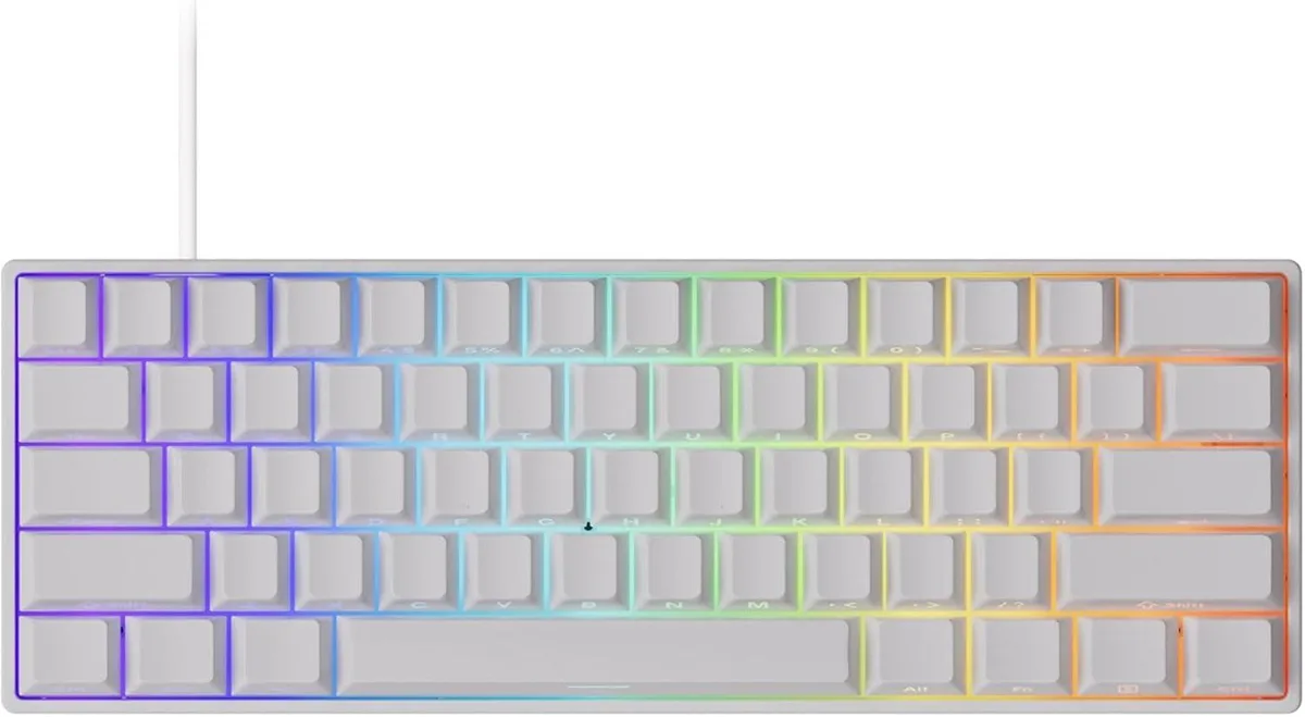 White 60 percent gaming keyboard with shine-through keycaps